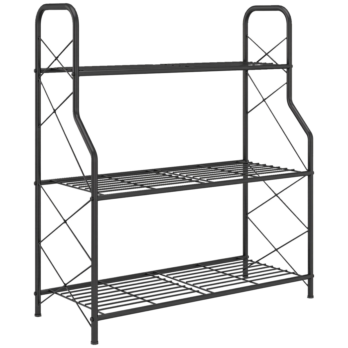 Kolmitasoinen metallinen kukkateline ritilähyllyillä, 78 cm, musta