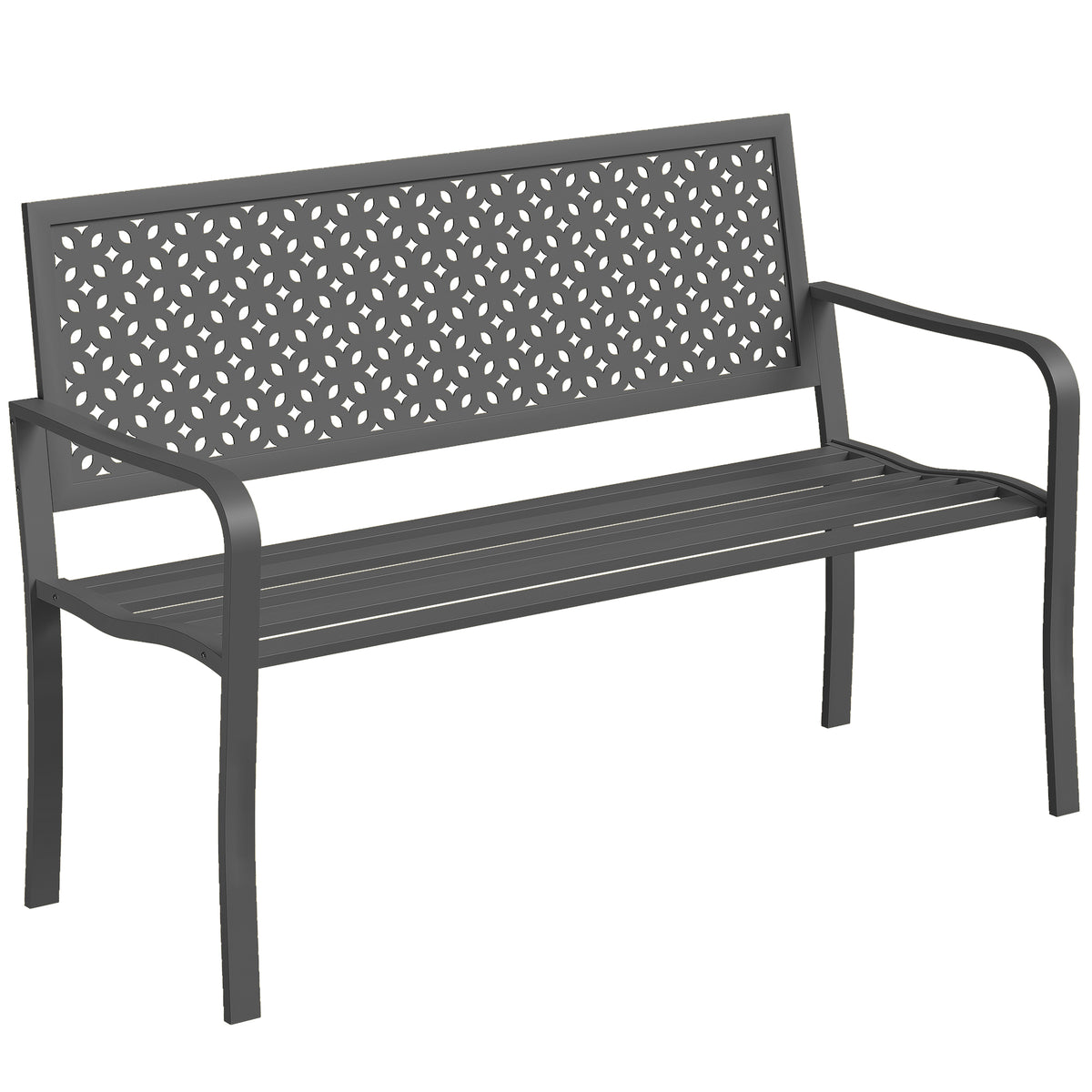 Moderni metallinen puutarhapenkki geometrisella selkänojalla, 127 cm, tummanharmaa