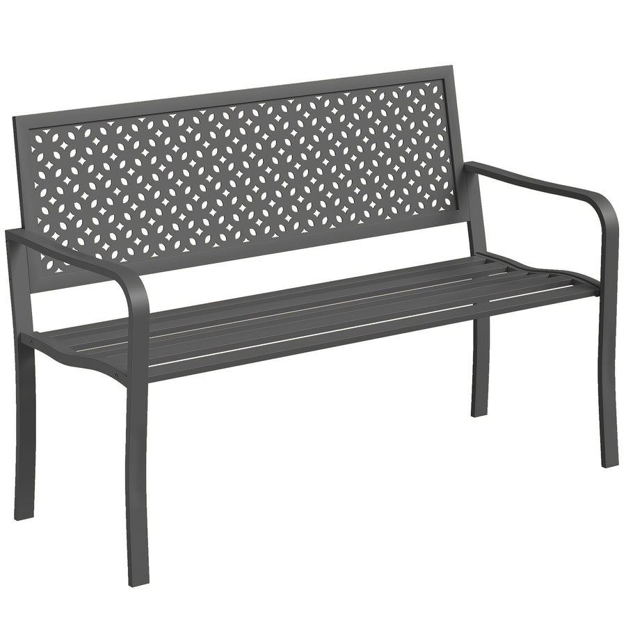 Moderni metallinen puutarhapenkki geometrisella selkänojalla, 127 cm, tummanharmaa