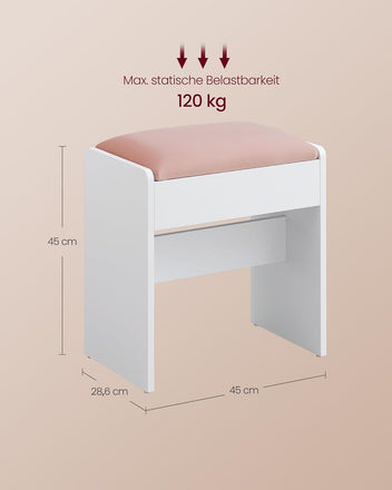 Meikkijakkara, pehmustettu samettinen istuin ja liukumattomat jalkatyynyt, vaatehuoneeseen, makuuhuoneeseen ja eteiseen, 45 × 28,6 × 48 cm, mattavalkoinen ja pastellinpinkki