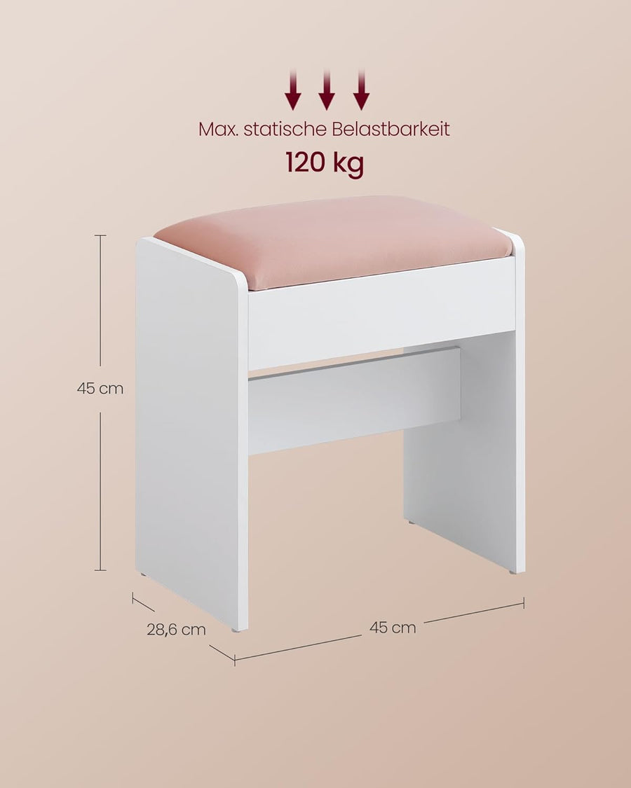 Meikkijakkara, pehmustettu samettinen istuin ja liukumattomat jalkatyynyt, vaatehuoneeseen, makuuhuoneeseen ja eteiseen, 45 × 28,6 × 48 cm, mattavalkoinen ja pastellinpinkki