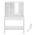 Meikkipöytä LED-valaistuksella, 3 värilämpötilaa ja säädettävä kirkkaus, peili, säädettävät hyllyt ja 2 laatikkoa, moderni, 90 × 40 × 145 cm, valkoinen
