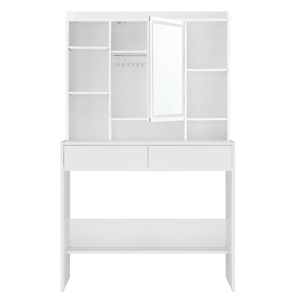 Meikkipöytä LED-valaistuksella, 3 värilämpötilaa ja säädettävä kirkkaus, peili, säädettävät hyllyt ja 2 laatikkoa, moderni, 90 × 40 × 145 cm, valkoinen