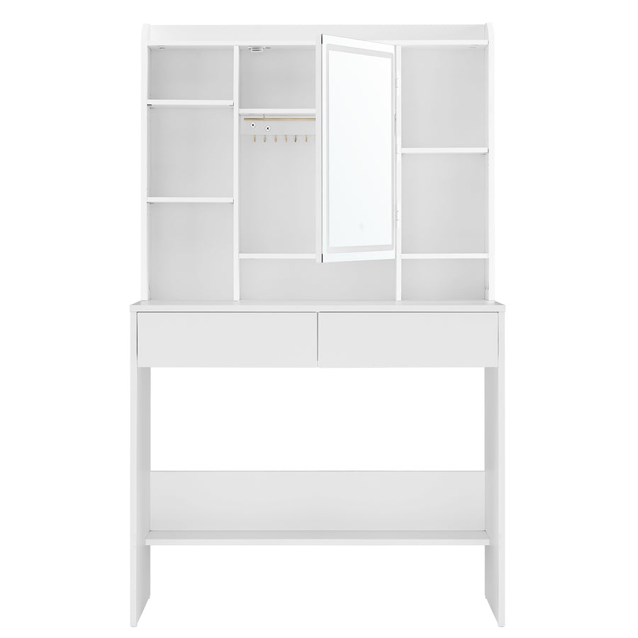 Meikkipöytä LED-valaistuksella, 3 värilämpötilaa ja säädettävä kirkkaus, peili, säädettävät hyllyt ja 2 laatikkoa, moderni, 90 × 40 × 145 cm, valkoinen
