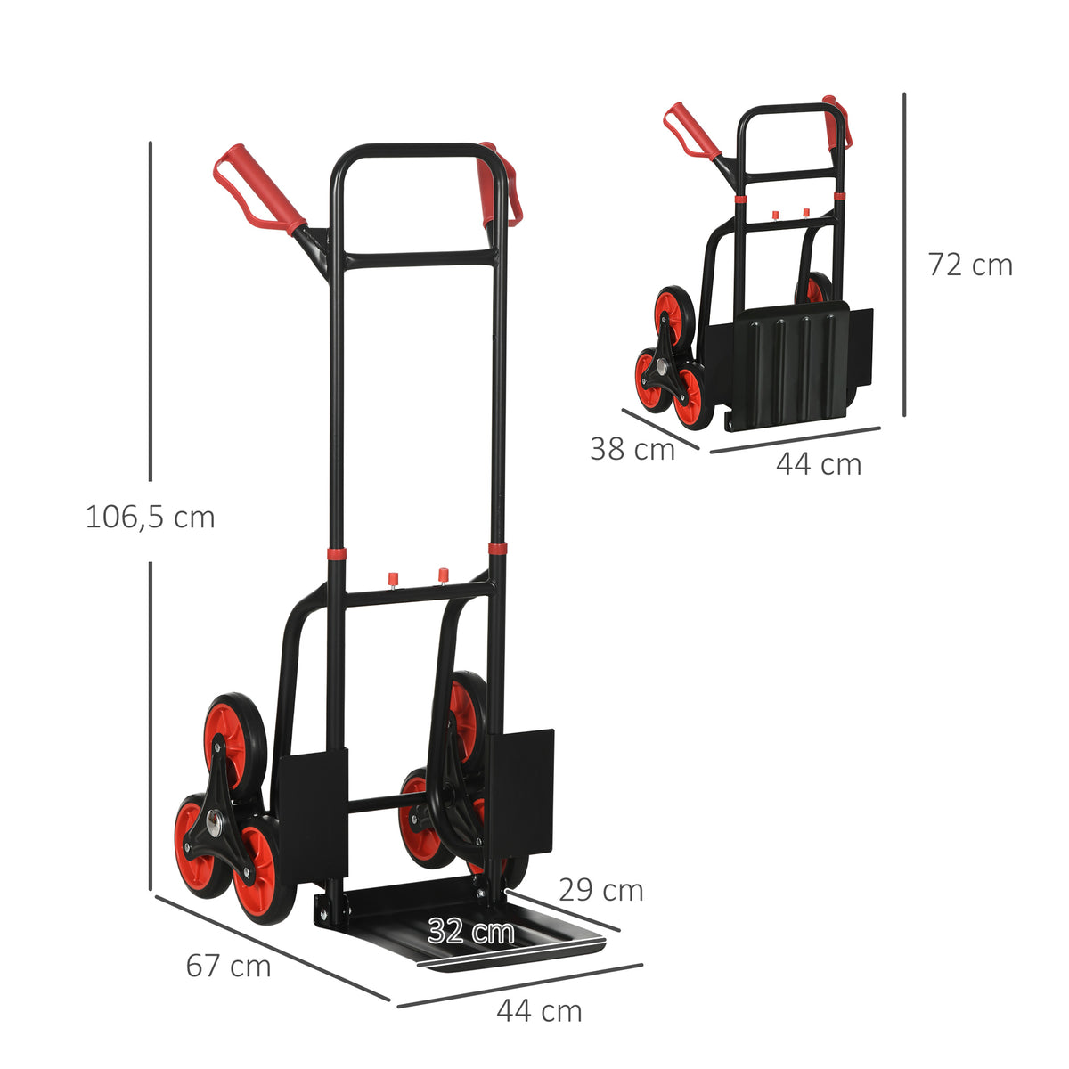 Porraskiipijä-nokkakärry kuudella pyörällä, kokoontaitettava, teräsrunko, 120 kg, musta/punainen