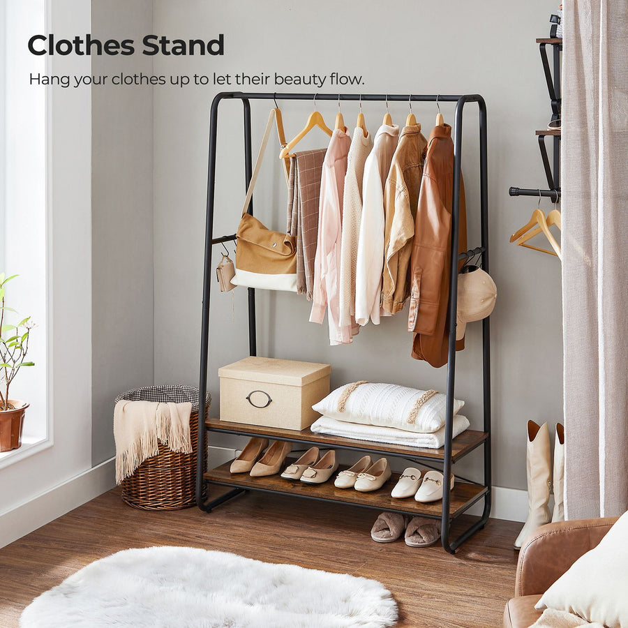 Vaatetanko, järeä vaaterekki 2 hyllyllä, 6 S-koukkua ja teräsrunko, makuuhuoneeseen, industrial-tyyli, rustiikkiruskea ja musta