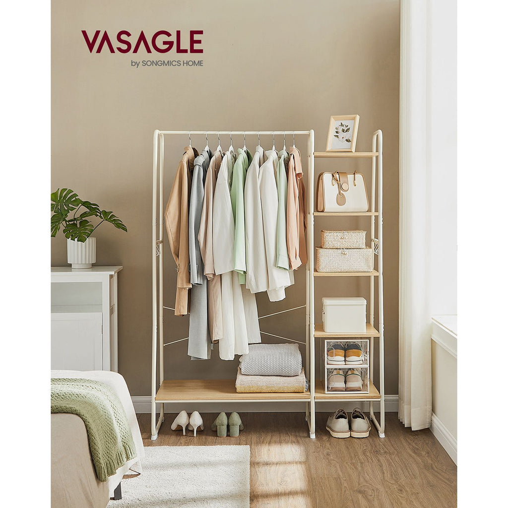 Vaaterekki ja naulakko, 45 × 120 × 160 cm, vaatetanko, kenkäteline, avoin vaatekaappi, 6 irrotettavaa koukkua, makuuhuoneeseen ja eteiseen, tammenvalkoinen