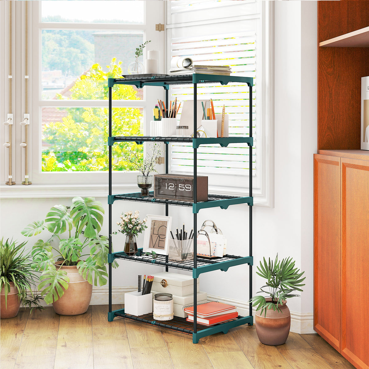 Viisitasoinen kukkahylly ritilätasoilla, 138 cm, tummanvihreä