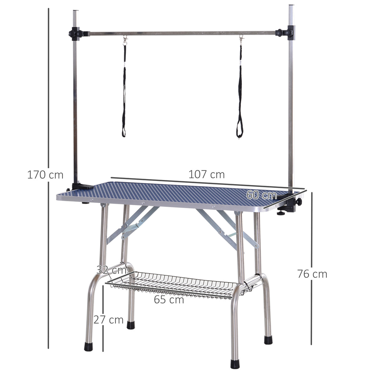 Iso trimmauspöytä alakorilla, säädettävä varsi ja silmukka, kokoontaitettava, 100 kg asti, 107 x 60 cm, sininen