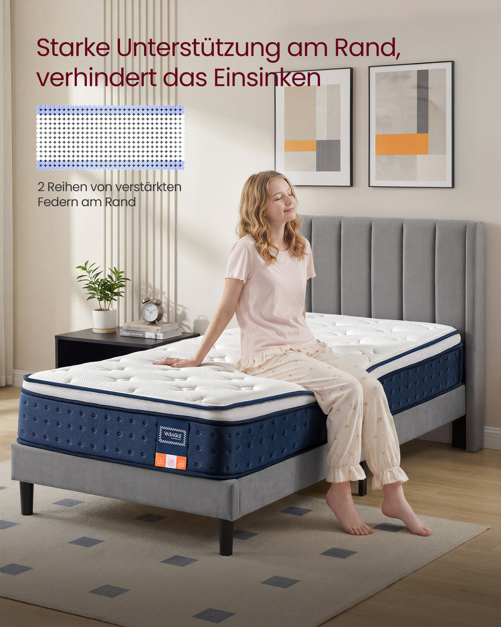 Patja 90 × 200 × 25 cm, keskikova geelimuistivaahto- ja taskujousipatja, H3, 7 tukivyöhykettä, liike-eristys, hengittävä päällinen, sininen