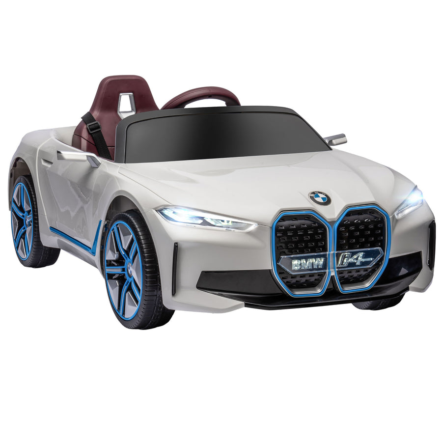 Lasten sähköauto BMW i4 – turvavyö, kaukosäädin ja multimediasoitin, 12V akku, valkoinen