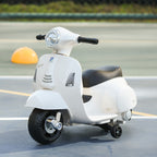 Lasten sähkömopo Vespa 6V irrotettavilla tukipyörillä, ajovalo ja äänitorvi, 1,5–3 v, valkoinen