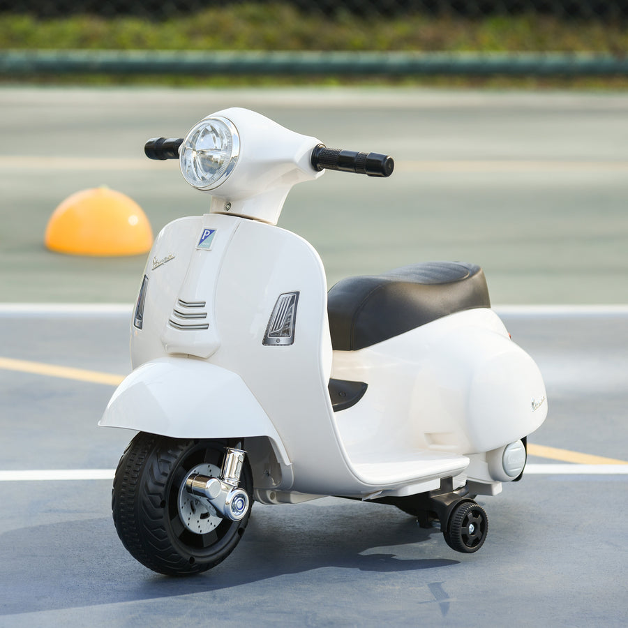 Lasten sähkömopo Vespa 6V irrotettavilla tukipyörillä, ajovalo ja äänitorvi, 1,5–3 v, valkoinen