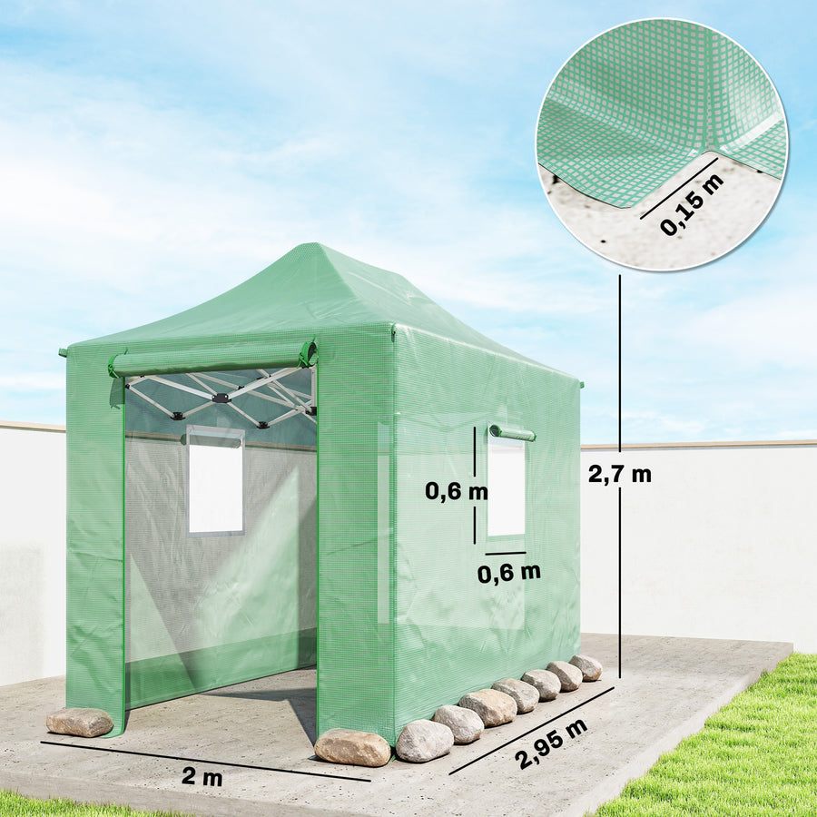 Taittuva pop-up-kasvihuone harjakatolla, 2,95 x 2 x 2,7 m, vihreä
