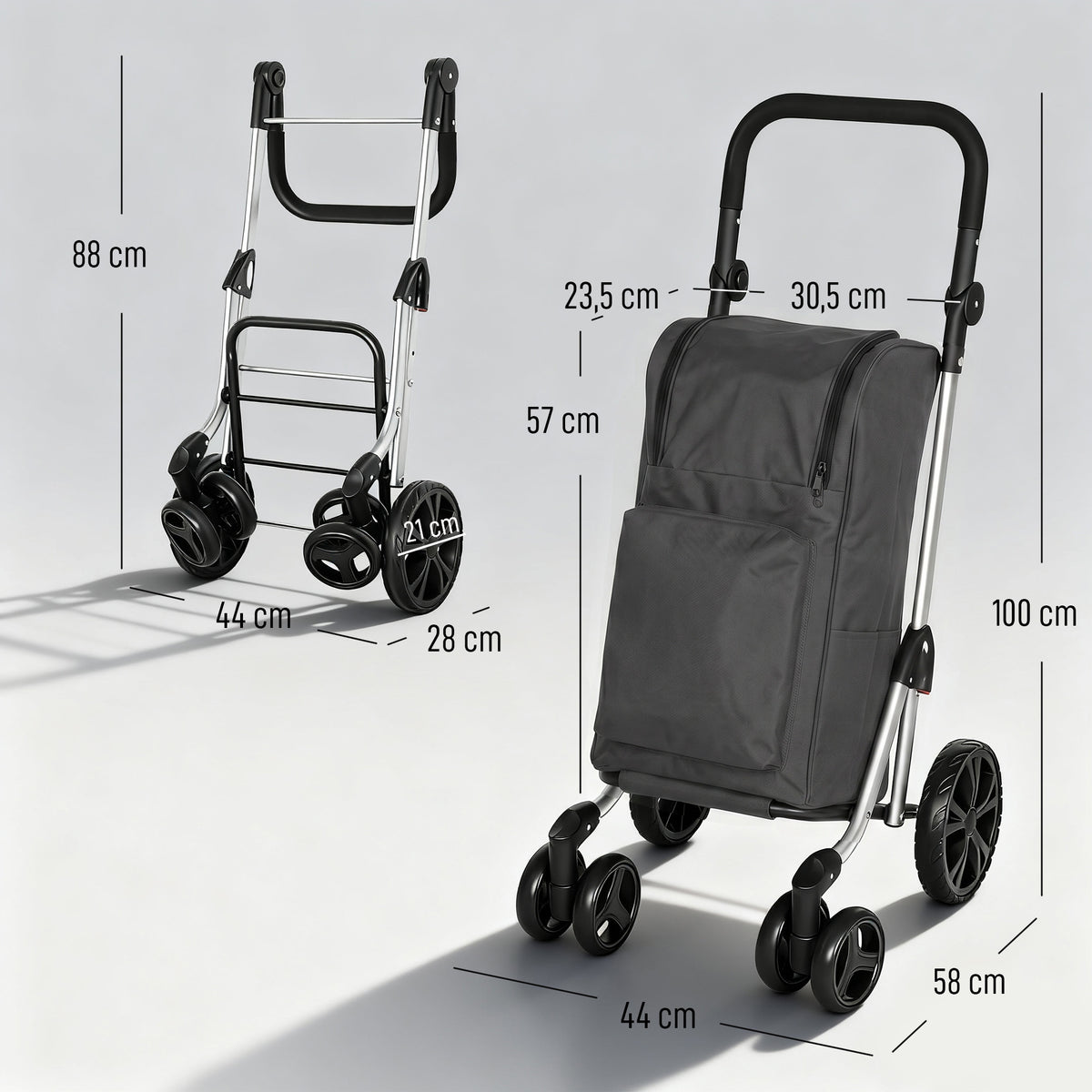 Ostoskärry 3-in-1 kylmätaskulla, 46 l kassi ja reppuhihnat, säädettävä aisa, alumiini, tummanharmaa