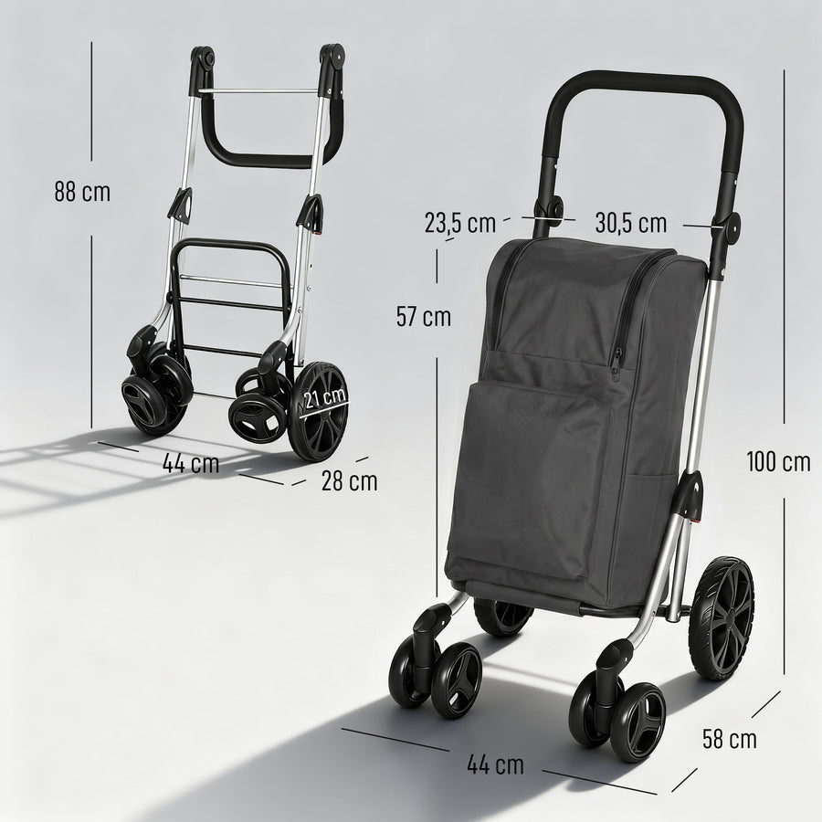 Ostoskärry 3-in-1 kylmätaskulla, 46 l kassi ja reppuhihnat, säädettävä aisa, alumiini, tummanharmaa