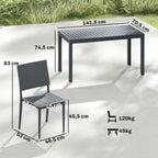 Ruokailuryhmä neljälle pinottavilla tuoleilla, säledesign, 141,5 cm, tummanharmaa