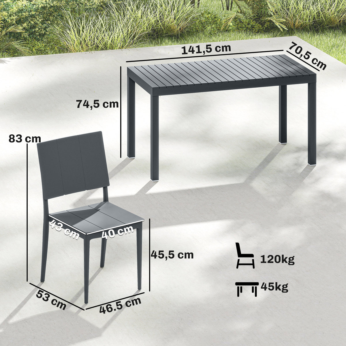 Ruokailuryhmä neljälle pinottavilla tuoleilla, säledesign, 141,5 cm, tummanharmaa