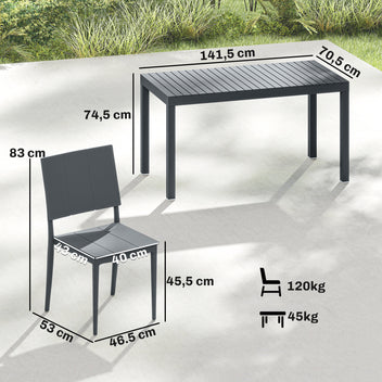 Ruokailuryhmä neljälle pinottavilla tuoleilla, säledesign, 141,5 cm, tummanharmaa