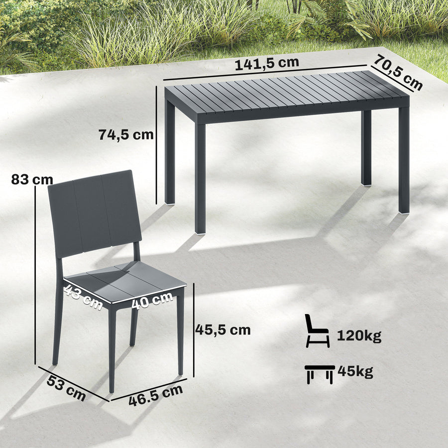 Ruokailuryhmä neljälle pinottavilla tuoleilla, säledesign, 141,5 cm, tummanharmaa