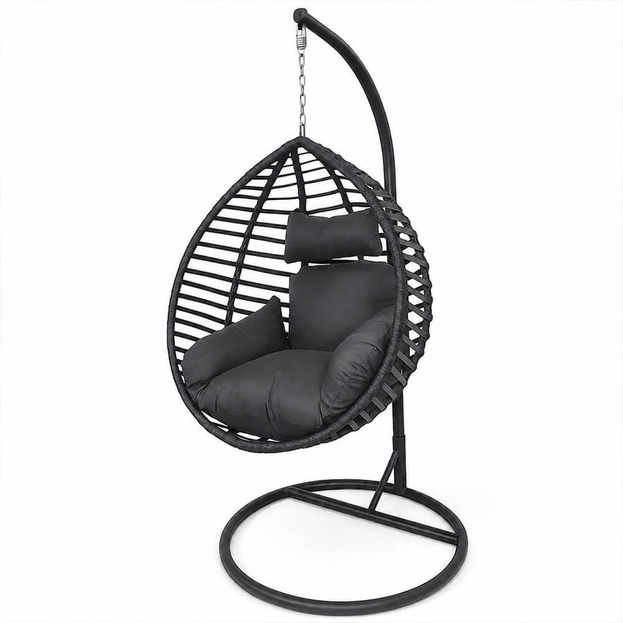 Riipputuoli telineellä 95 x 95 x 197 cm – polyrottinki, 100 kg, 8 cm pehmuste