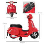 Lasten sähkömopo Vespa 6V irrotettavilla tukipyörillä, ajovalo ja äänitorvi, 1,5–3 v, punainen