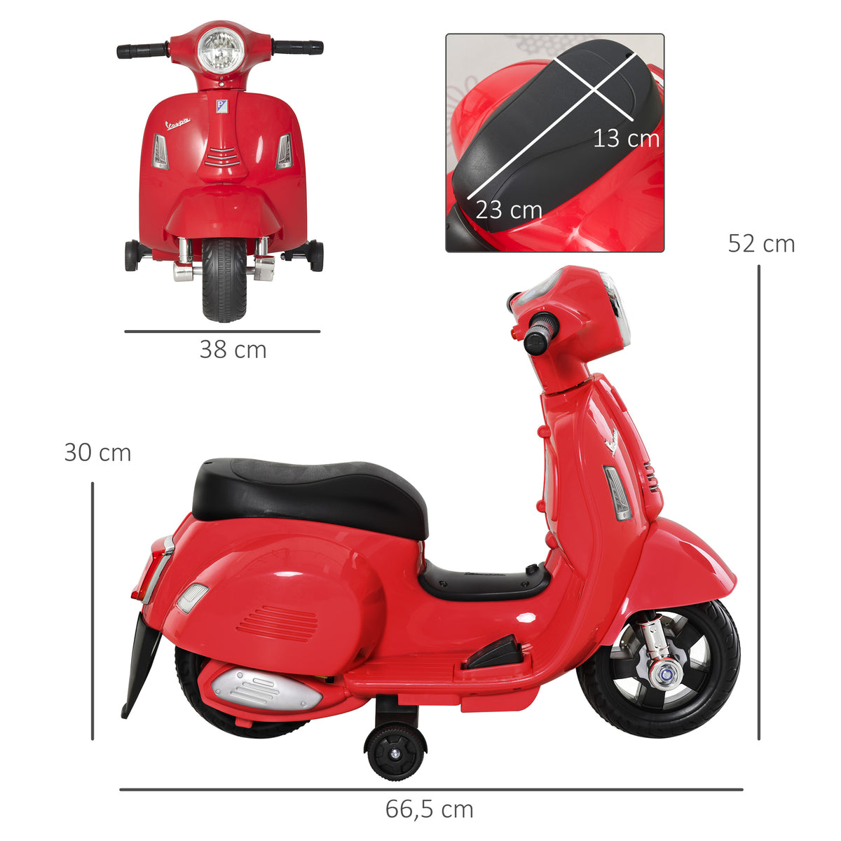 Lasten sähkömopo Vespa 6V irrotettavilla tukipyörillä, ajovalo ja äänitorvi, 1,5–3 v, punainen