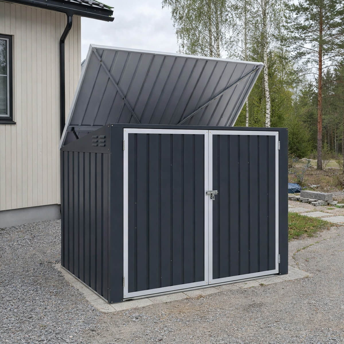 Roskakatos 2 jäteastialle 173 x 101 x 131 cm – teräslevy, avattava katto, tuuletus