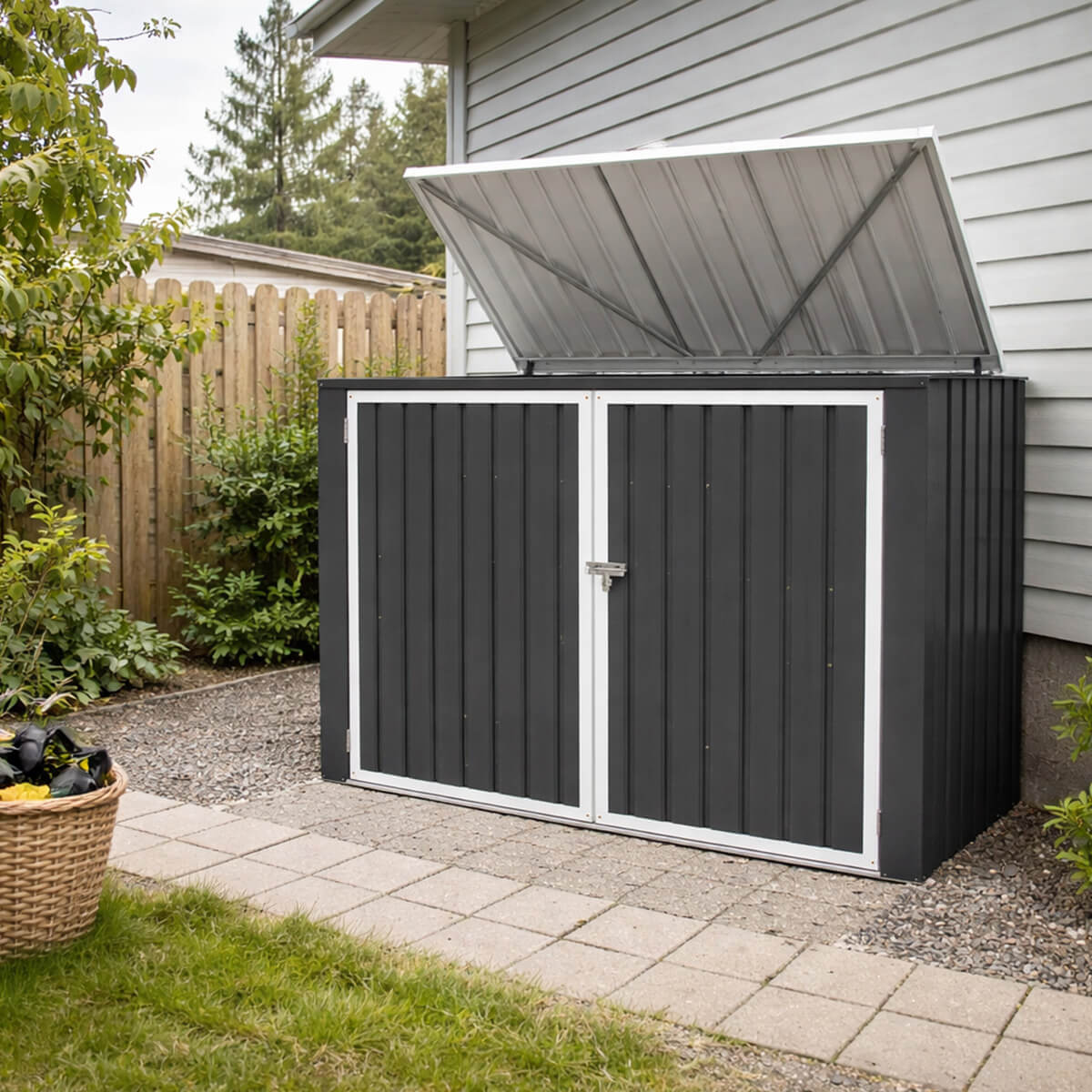 Sopställ för 2 soptunnor 173 x 101 x 131 cm – stålplåt, öppningsbart lock, ventilation
