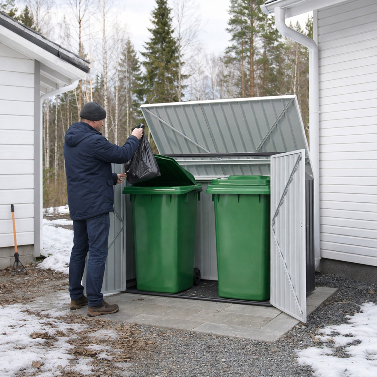 Roskakatos 2 jäteastialle 173 x 101 x 131 cm – teräslevy, avattava katto, tuuletus