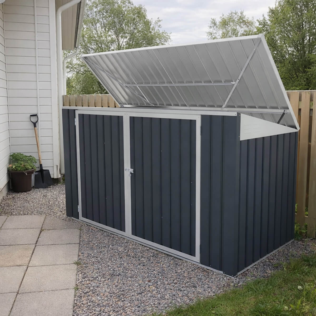 Roskakatos 3 jäteastialle 237 x 101 x 131 cm – teräslevy, avattava katto, tuuletus