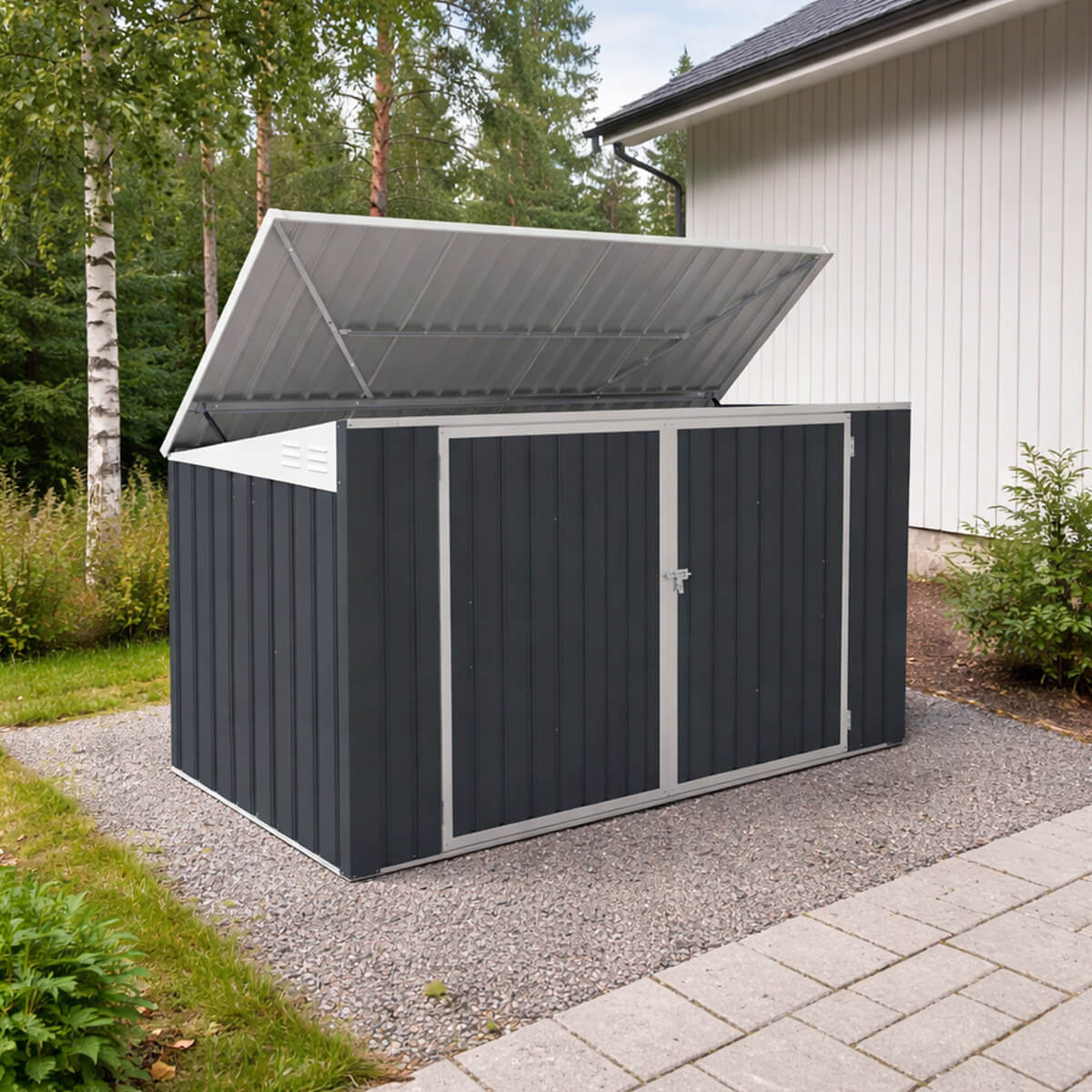 Roskakatos 3 jäteastialle 237 x 101 x 131 cm – teräslevy, avattava katto, tuuletus