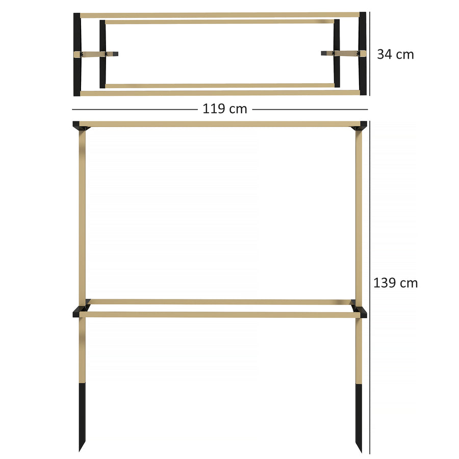Kaksikerroksinen metallinen marjapensastuki, 119 x 34 x 139 cm, puukuvio