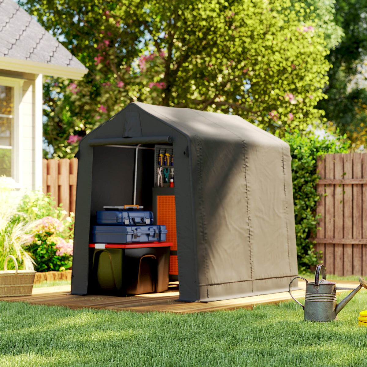 Pressuvaja 2,3 x 1,9 m harjakatolla, rullaovella ja tuuletuksella, tummanharmaa