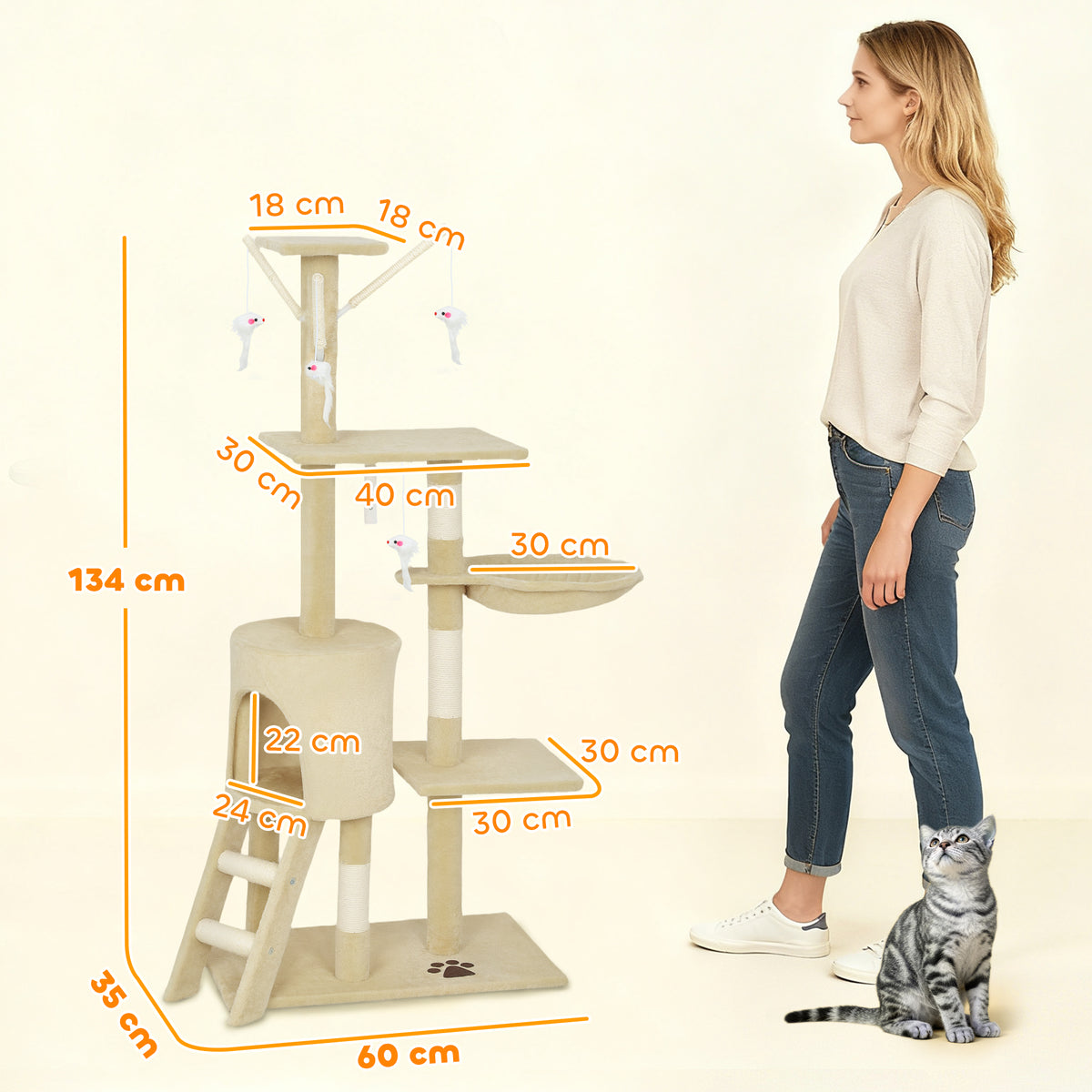Kissan raapimispuu pesällä, portailla ja neljällä lelulla, 134 cm, beige