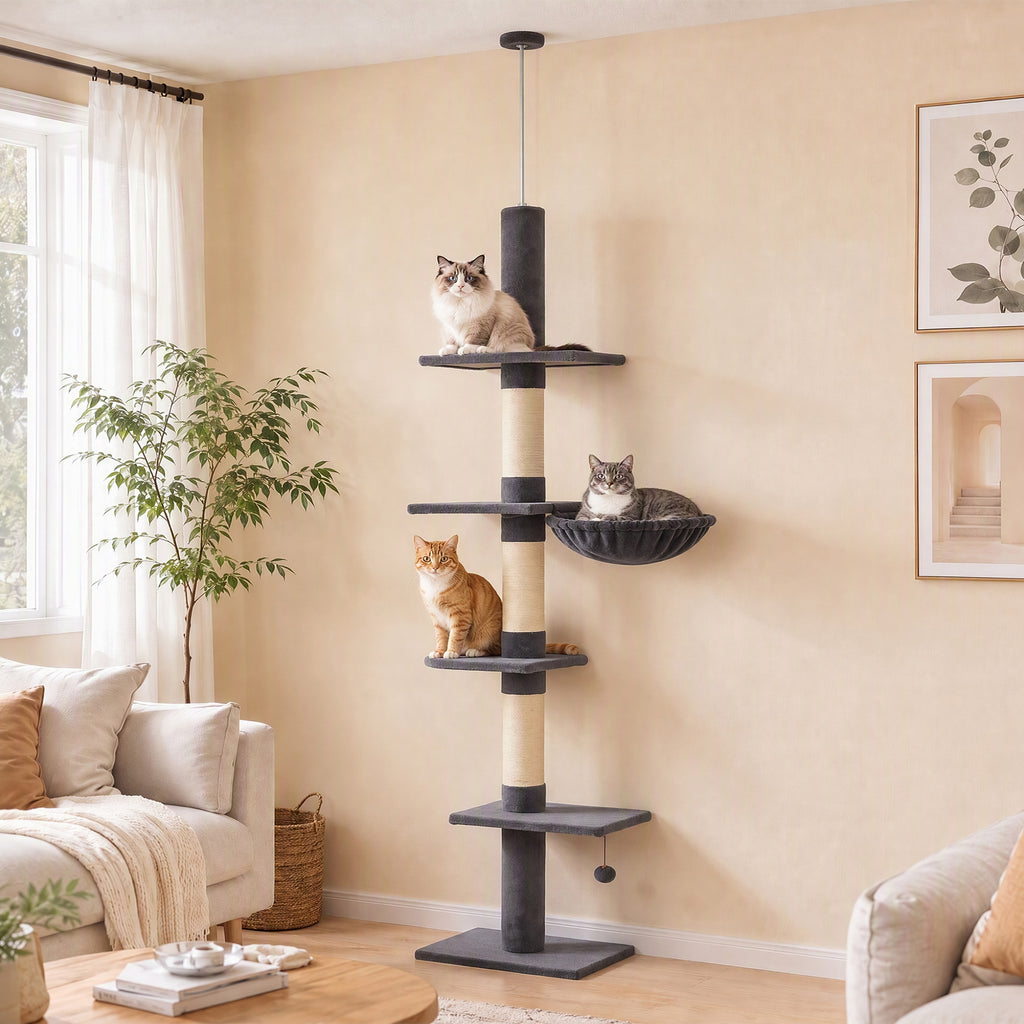 Kattoon ulottuva kissan raapimispuu riippumatolla, 225–255 cm, tummanharmaa