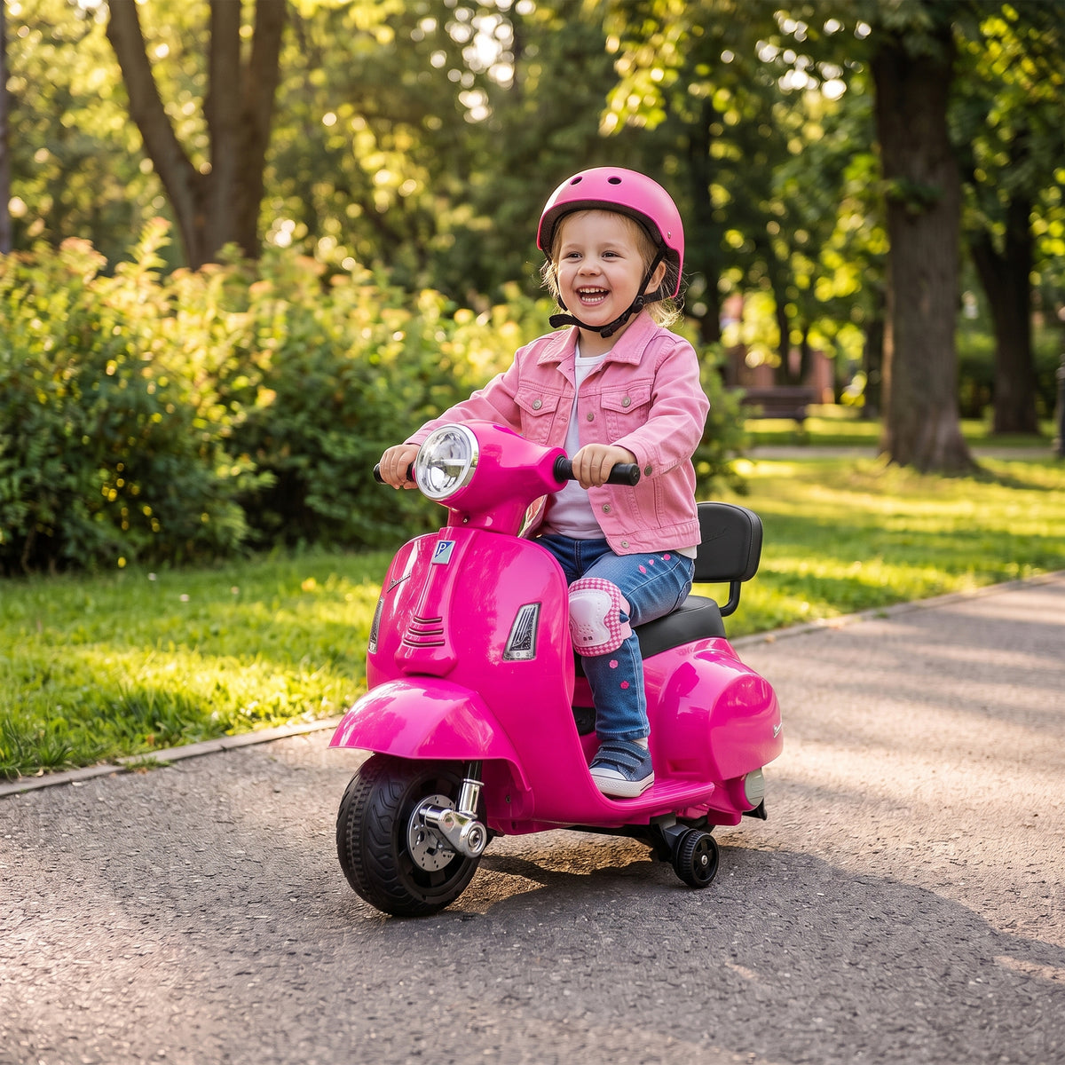 Lasten sähkömopo Mini Vespa GTS litiumakulla, selkänoja ja tukipyörät, 1,5–3 v, pinkki