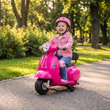 Lasten sähkömopo Mini Vespa GTS litiumakulla, selkänoja ja tukipyörät, 1,5–3 v, pinkki