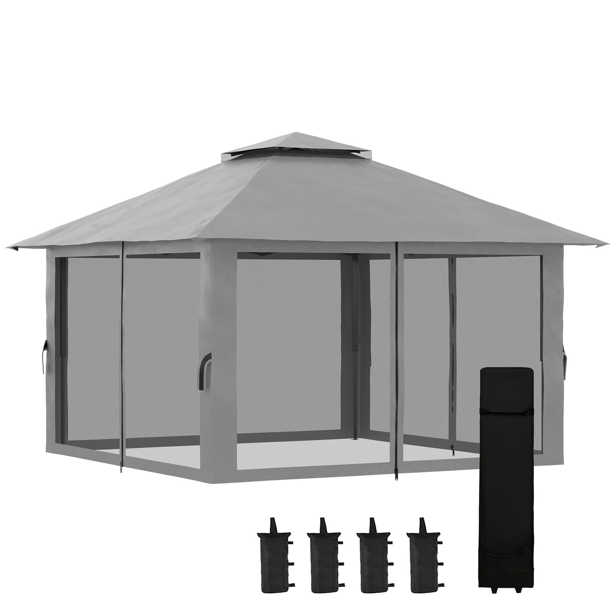 Taittuva pop-up-paviljonki 4 x 4 m verkkoseinillä ja pyörällisellä laukulla, tummanharmaa