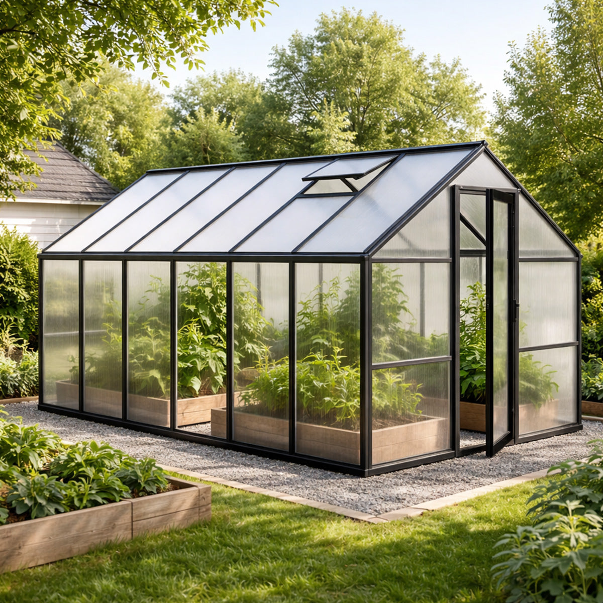 Pohjola Garden STRONG Växthus 8,6 m2  + Bas &amp; Rännor, 4 mm 800 g/m2 bikakepaneler, svart