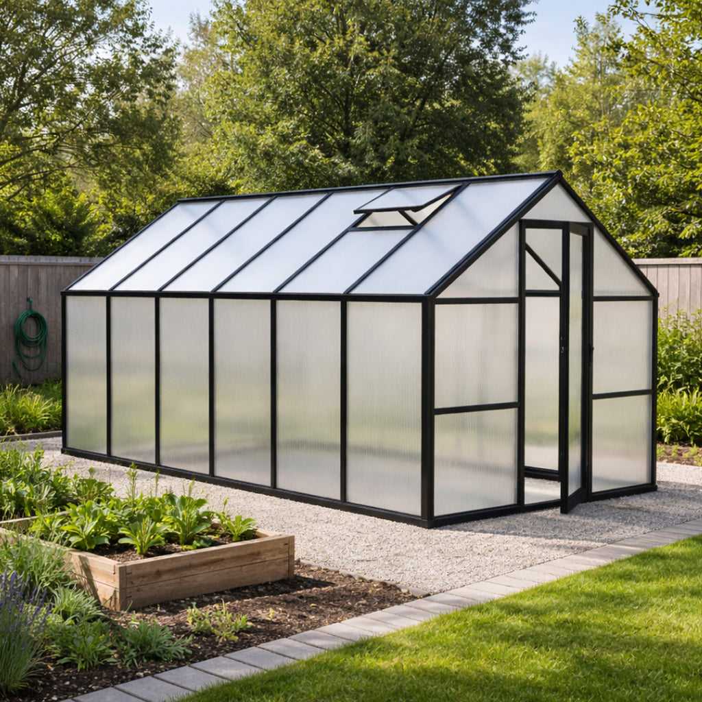 Växthus 8,6 m² – 4 mm 800 g/m² cellplåt, sockel, aluminiumram