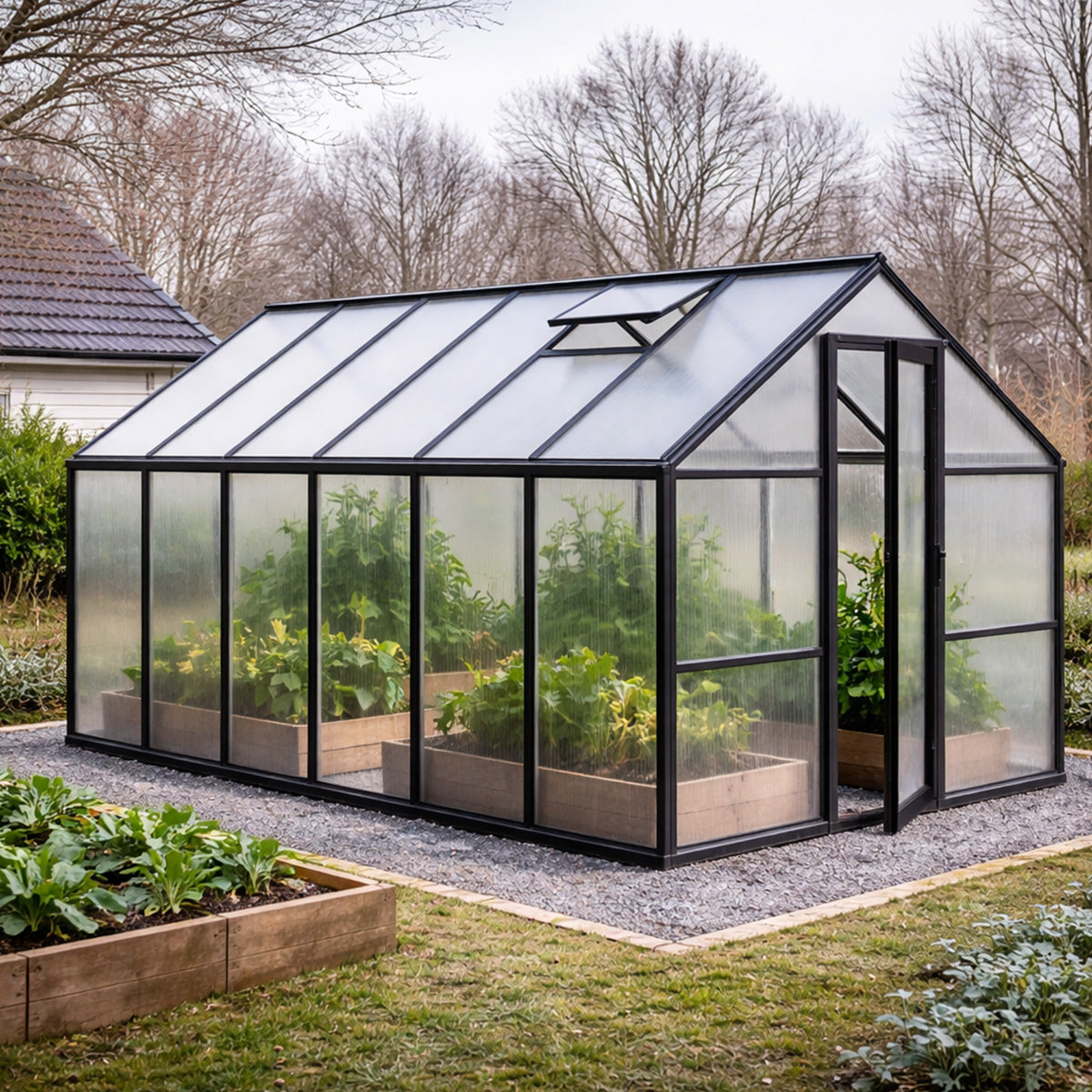 Pohjola Garden STRONG Växthus 8,6 m2  + Bas &amp; Rännor, 4 mm 800 g/m2 bikakepaneler, svart