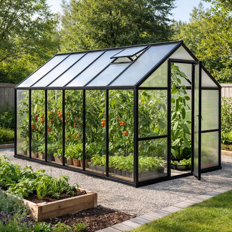 Växthus 8,6 m² – 4 mm 800 g/m² cellplåt, sockel, aluminiumram