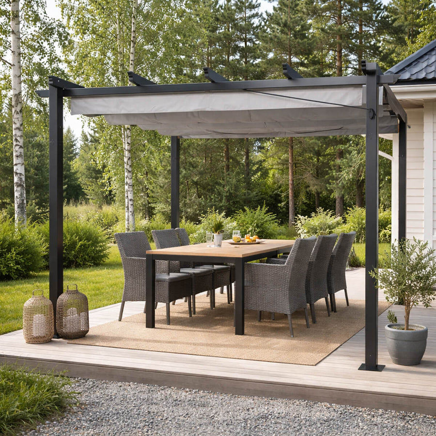 Pergola 3 x 3 m – liukuva kattokangas, alumiinirunko, 250 g PU-kangas, harmaa