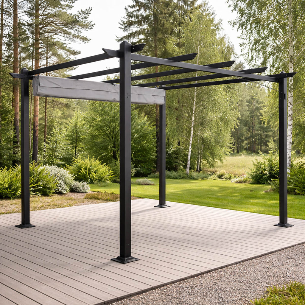 Pergola 3 x 3 m – skjutbart taktyg, aluminiumram, 250 g PU-tyg, grå