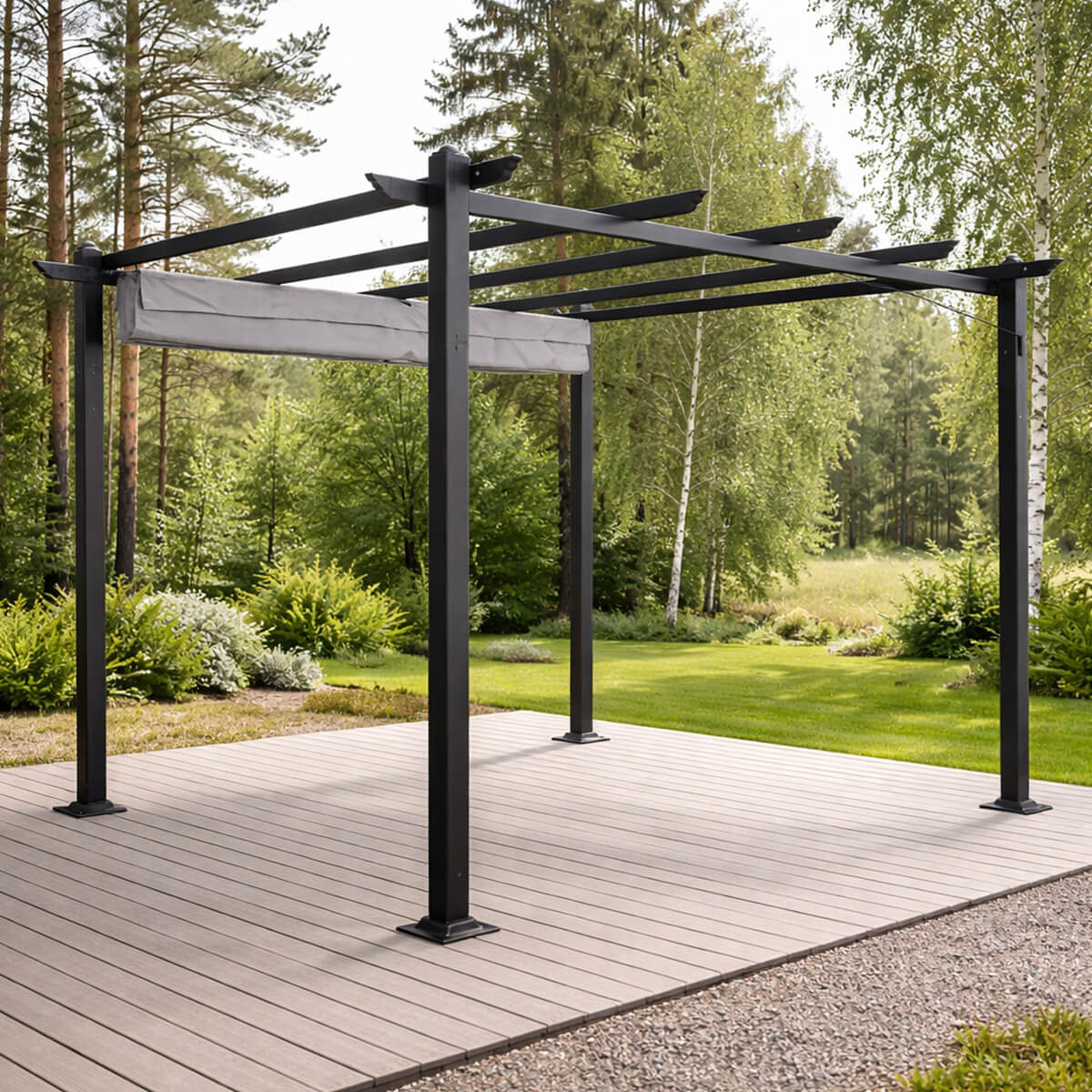 Lund & Leaf STRONG Pergola / Terrassöverdrag 3x3m, svart ram, grått överdrag
