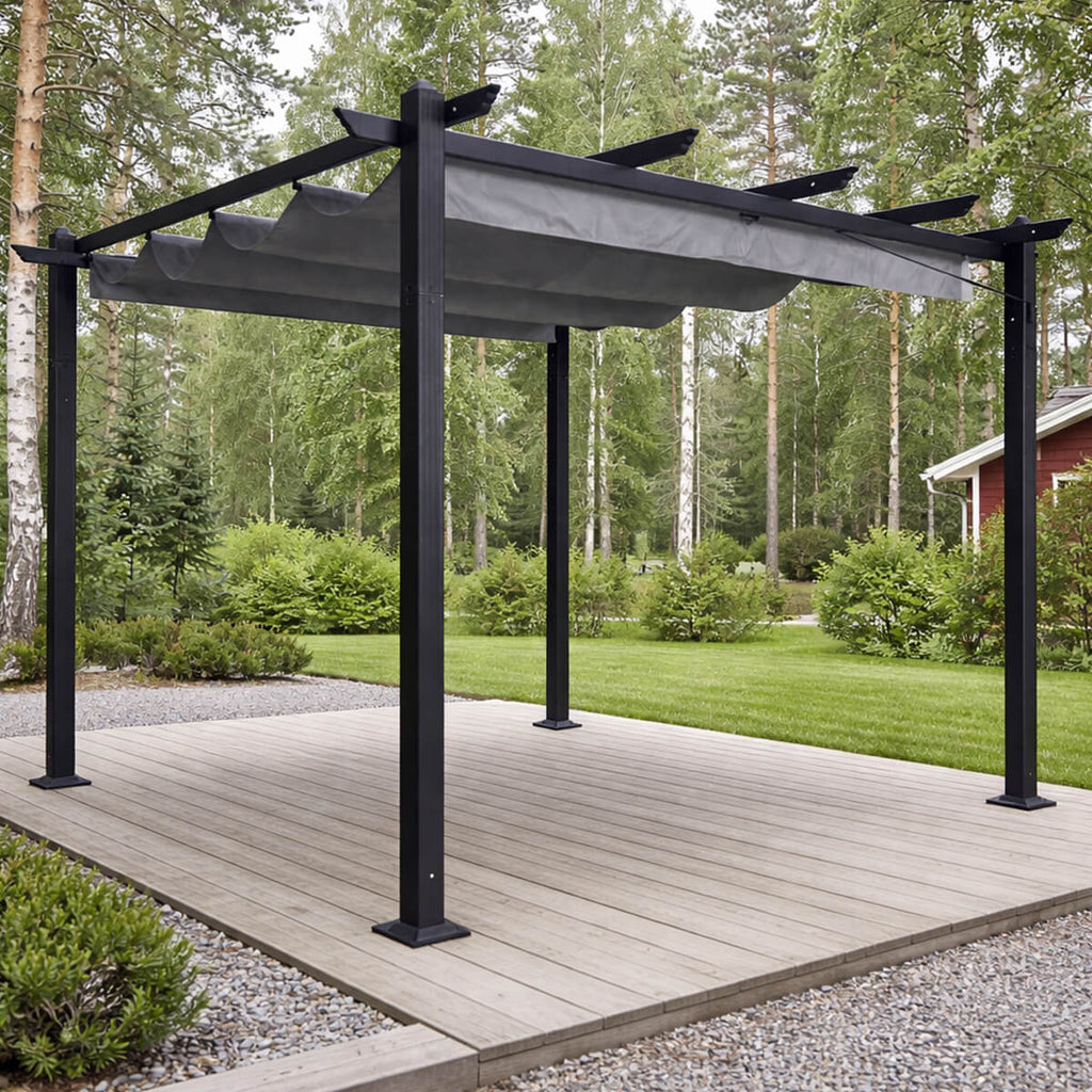 Pergola 3 x 3 m – skjutbart taktyg, aluminiumram, 250 g PU-tyg, grå