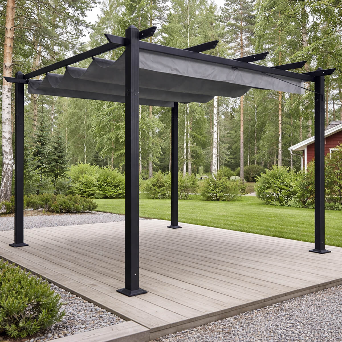 Lund & Leaf STRONG Pergola / Terrassöverdrag 3x3m, svart ram, grått överdrag