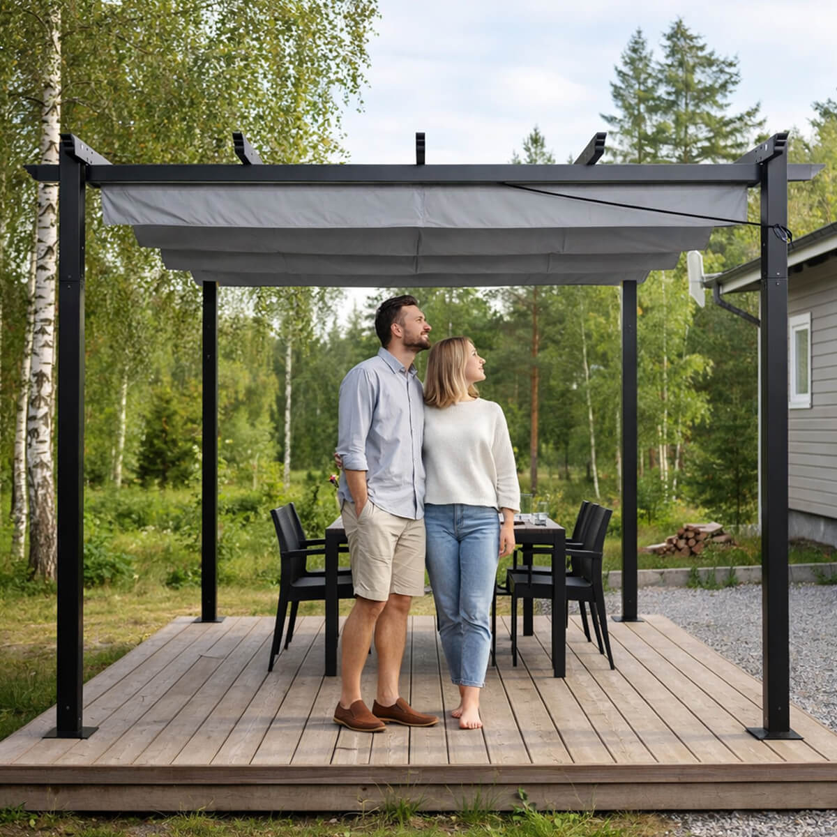 Lund & Leaf STRONG Pergola / Terrassöverdrag 3x3m, svart ram, grått överdrag
