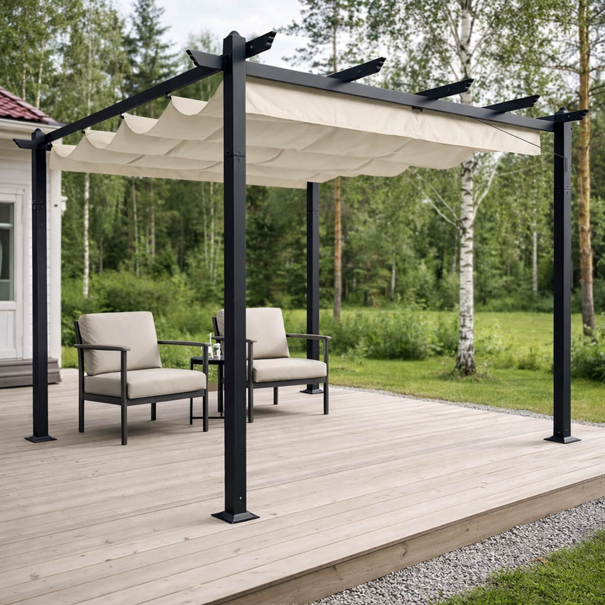 Pergola 3 x 3 m – liukuva kattokangas, alumiinirunko, 250 g PU-kangas, beige